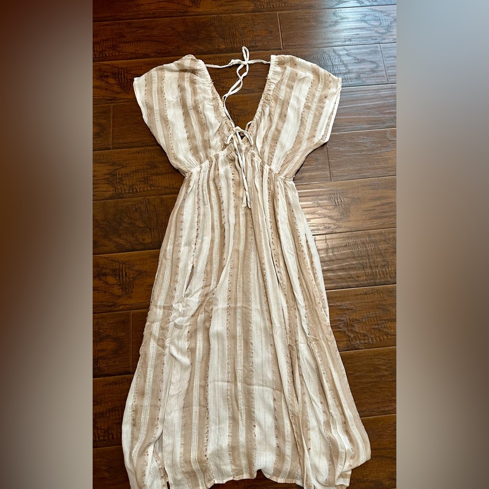 Surf Gypsy Cream and Tan Striped Tie-Front Cover Up